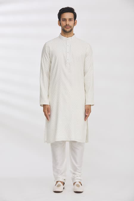 Aham-Vayam_White Cotton Thread Kurta And Pant Set_Online_at_Aza_Fashions