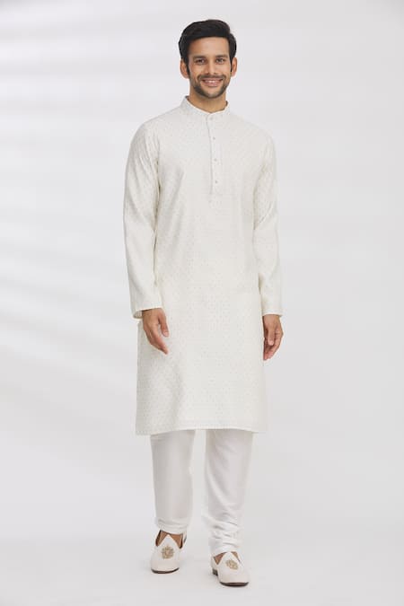 Buy_Aham-Vayam_White Cotton Thread Kurta And Pant Set_Online_at_Aza_Fashions