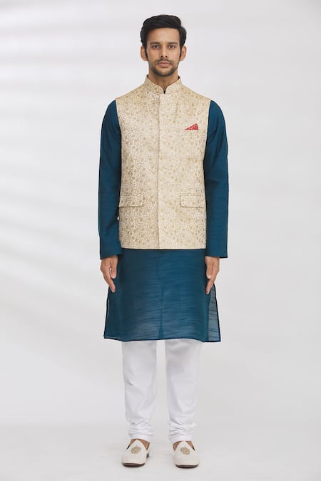 Aham-Vayam_Gold Silk Blend Sequin And Thread Nehru Jacket _Online_at_Aza_Fashions