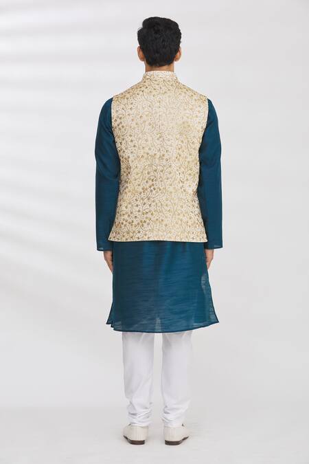 Shop_Aham-Vayam_Gold Silk Blend Embroidery Sequin And Thread Nehru Jacket _at_Aza_Fashions