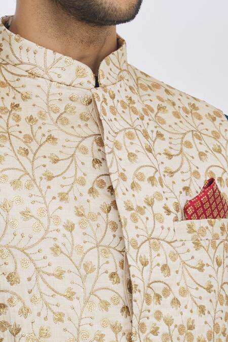 Aham-Vayam_Gold Silk Blend Embroidery Sequin And Thread Nehru Jacket _at_Aza_Fashions