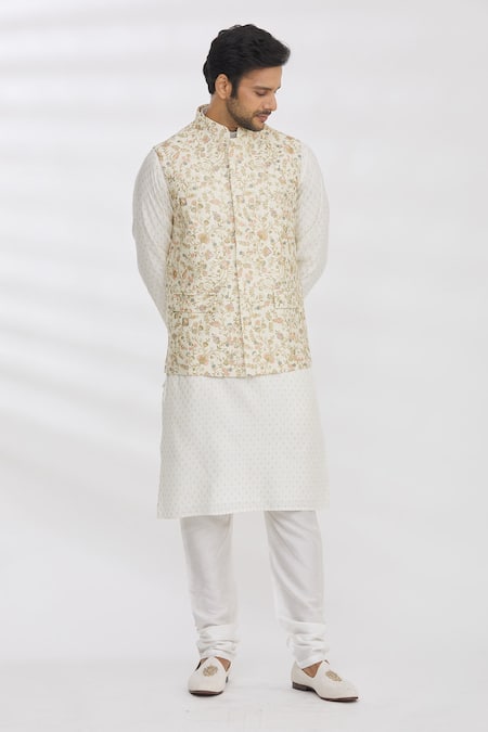 Aham-Vayam_White Silk Blend Thread Nehru Jacket _Online_at_Aza_Fashions