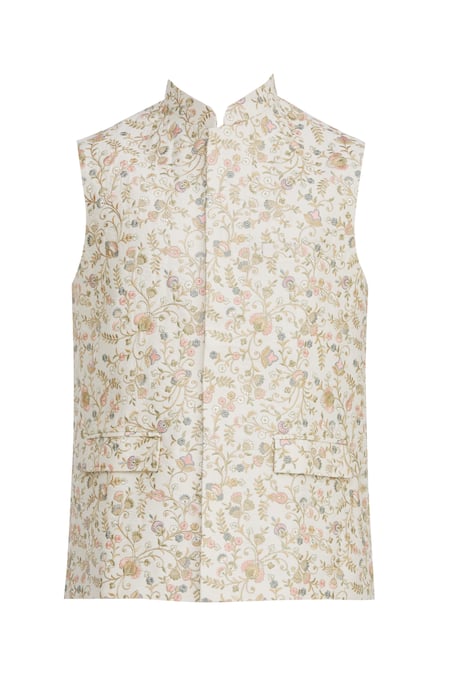 Buy_Aham-Vayam_White Silk Blend Thread Nehru Jacket _Online_at_Aza_Fashions