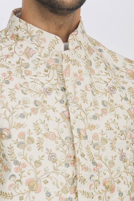 Aham-Vayam_White Silk Blend Thread Nehru Jacket _at_Aza_Fashions