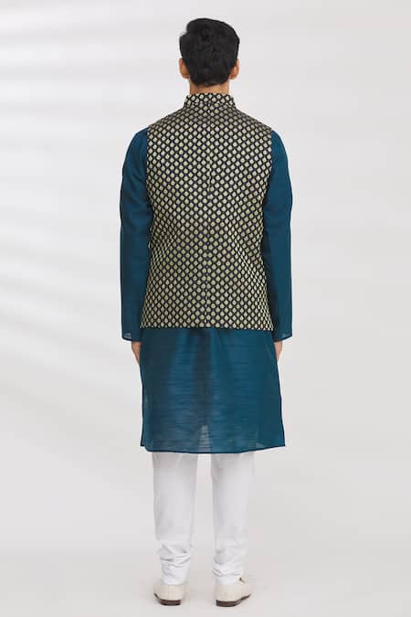 Shop_Aham-Vayam_Black Silk Blend And Brocade Woven Thread Bundi & Kurta Set _at_Aza_Fashions