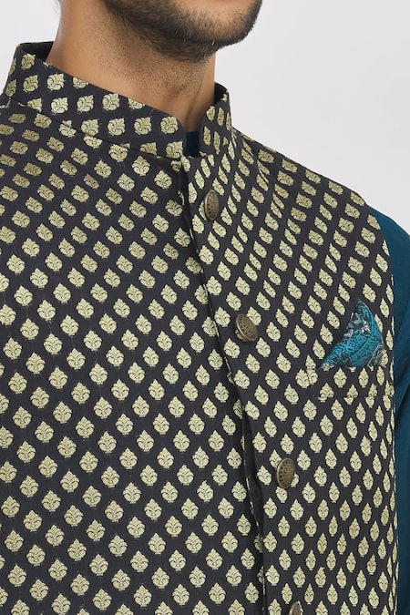Shop_Aham-Vayam_Black Silk Blend And Brocade Woven Thread Bundi & Kurta Set _Online_at_Aza_Fashions