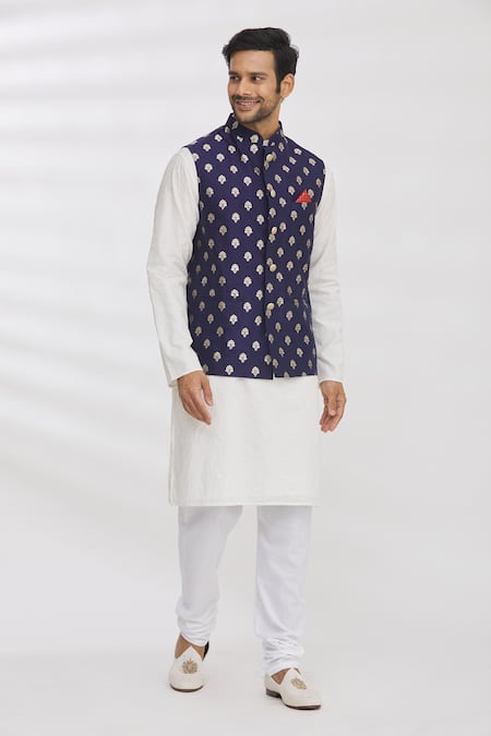 Shop_Aham-Vayam_White Cotton And Silk Thread Bundi & Kurta Set _at_Aza_Fashions