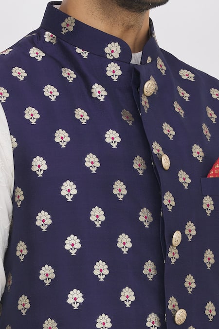 Shop_Aham-Vayam_White Cotton And Silk Thread Bundi & Kurta Set _Online_at_Aza_Fashions