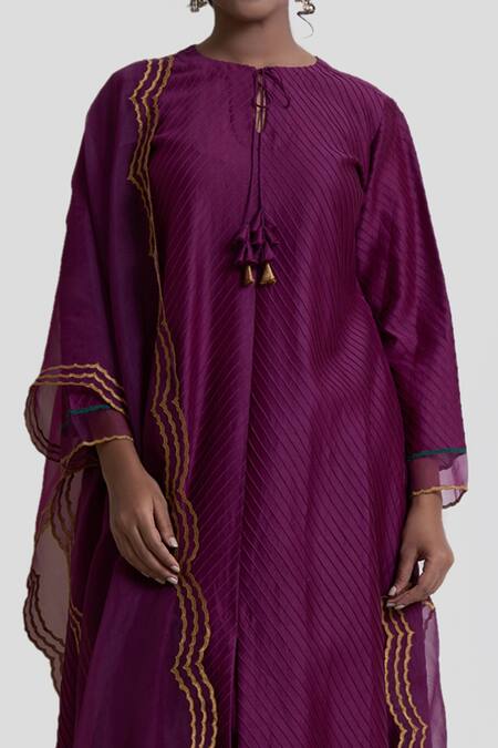 Shop Brij Wine Chanderi Silk, Organza, Spandex Tassels, Cut Work, Pintucked Kurta Set Online at Aza Fashions Shop_Brij_Wine Chanderi Silk, Organza, Spandex Tassels, Cut Work, Pintucked Kurta Set_Online_at_Aza_Fashions