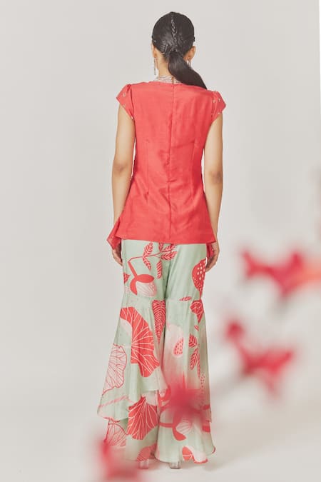 Shop_Anu Pellakuru_Red Muslin, Silk Cut Work, Sequins, Embroidery High Embellished Top With Sharara_Online_at_Aza_Fashions