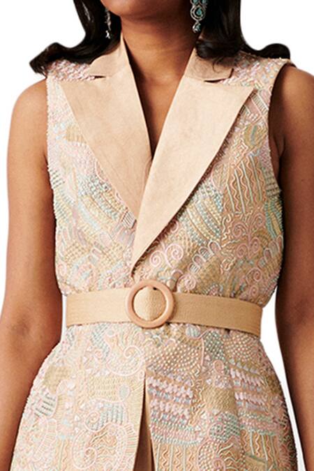 Shop_Amaare_Beige Taffeta Embroidery Notched Lapel Embellished Jacket And Pant Set _Online_at_Aza_Fashions