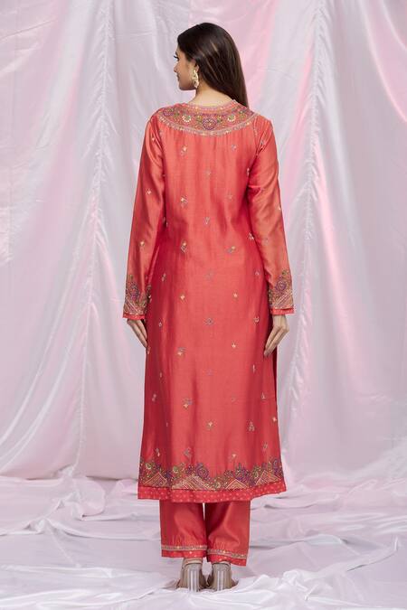 Shop Petticoat Lane By Divya Orange Net, Chanderi Floral Motifs Round Embroidered Kurta Set at Aza Fashions Shop_Petticoat Lane By Divya_Orange Net, Chanderi Floral Motifs Round Embroidered Kurta Set _at_Aza_Fashions