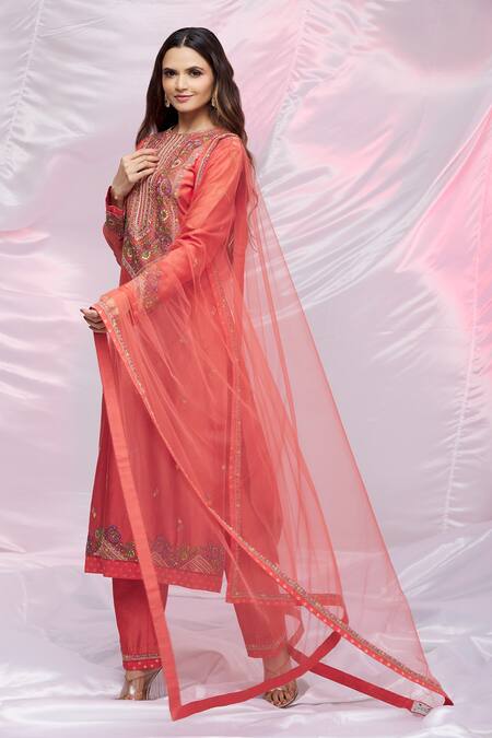 Petticoat Lane By Divya Orange Net, Chanderi Floral Motifs Round Embroidered Kurta Set Online at Aza Fashions Petticoat Lane By Divya_Orange Net, Chanderi Floral Motifs Round Embroidered Kurta Set _Online_at_Aza_Fashions