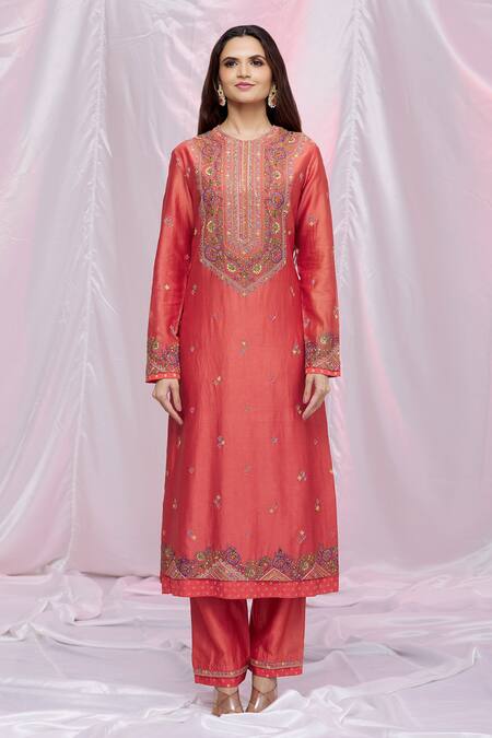 Buy Petticoat Lane By Divya Orange Net, Chanderi Floral Motifs Round Embroidered Kurta Set Online at Aza Fashions Buy_Petticoat Lane By Divya_Orange Net, Chanderi Floral Motifs Round Embroidered Kurta Set _Online_at_Aza_Fashions