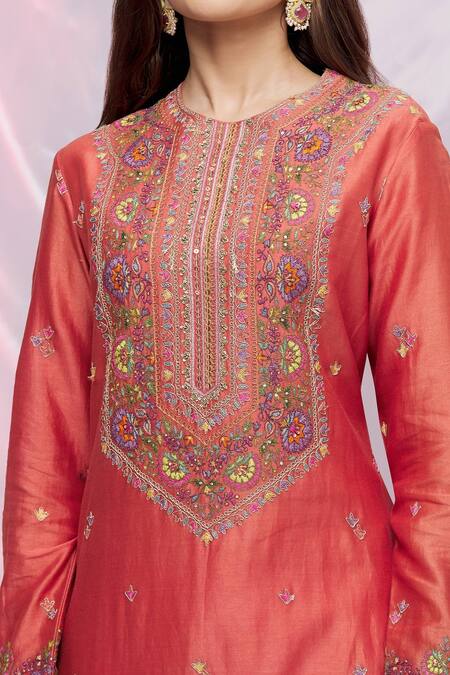 Petticoat Lane By Divya Orange Net, Chanderi Floral Motifs Round Embroidered Kurta Set at Aza Fashions Petticoat Lane By Divya_Orange Net, Chanderi Floral Motifs Round Embroidered Kurta Set _at_Aza_Fashions