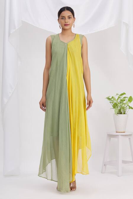 Ezra_Yellow Plain U Neck Handkerchief Dress  _Online_at_Aza_Fashions