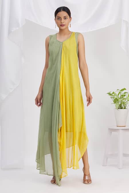 Buy_Ezra_Yellow Plain U Neck Handkerchief Dress  _Online_at_Aza_Fashions