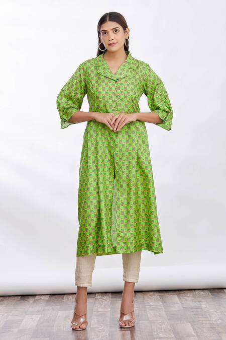 Buy_MathilI'S_Green Printed Floral And Bird Motifs Notched Lapel Collar Tunic _Online_at_Aza_Fashions