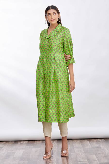 Shop_MathilI'S_Green Printed Floral And Bird Motifs Notched Lapel Collar Tunic _Online_at_Aza_Fashions