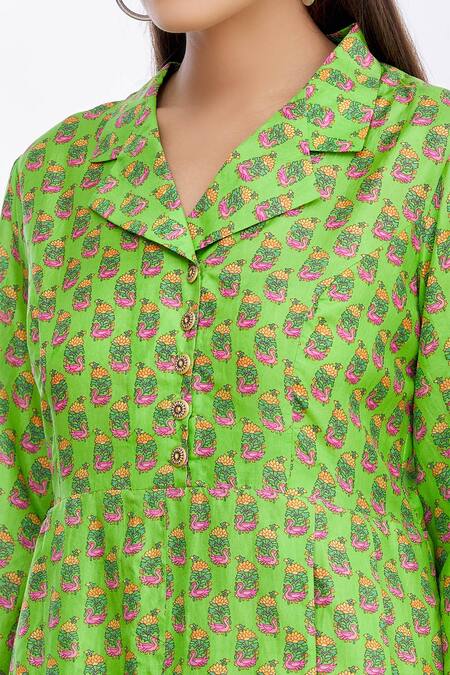 MathilI'S_Green Printed Floral And Bird Motifs Notched Lapel Collar Tunic _at_Aza_Fashions