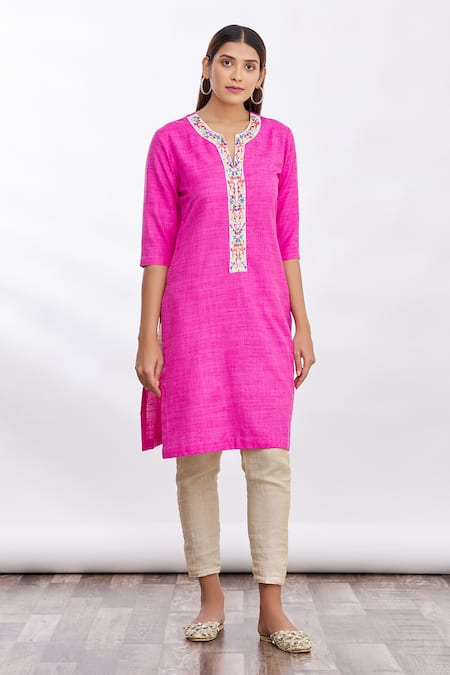 MathilI'S_Pink Embellished Floral Motifs Notched Embroidered Short Tunic _Online_at_Aza_Fashions