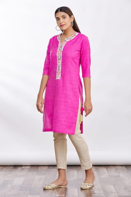 Buy_MathilI'S_Pink Embellished Floral Motifs Notched Embroidered Short Tunic _Online_at_Aza_Fashions