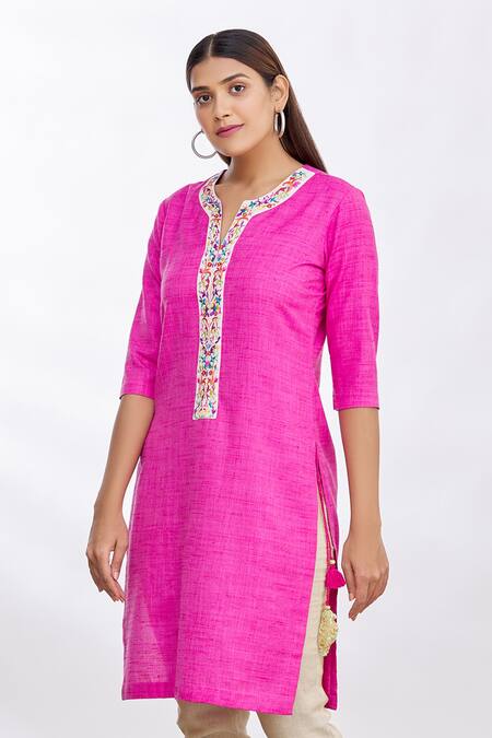 Shop_MathilI'S_Pink Embellished Floral Motifs Notched Embroidered Short Tunic _Online_at_Aza_Fashions
