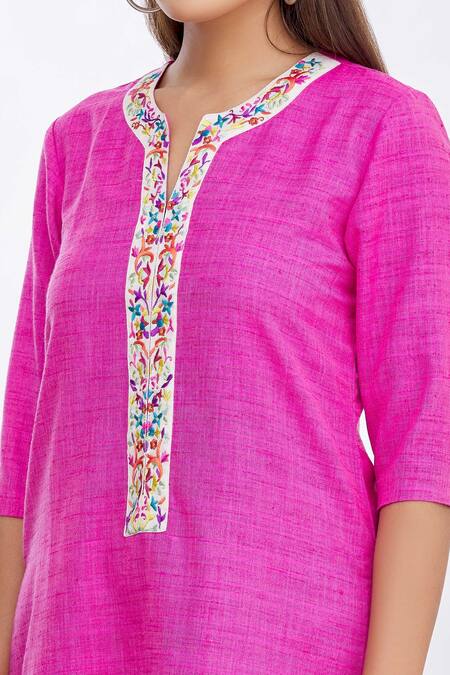 MathilI'S_Pink Embellished Floral Motifs Notched Embroidered Short Tunic _at_Aza_Fashions