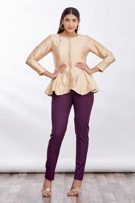 MathilI'S_Beige Woven Floral Motifs Round Peplum Top _Online_at_Aza_Fashions