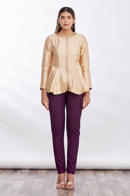 Buy_MathilI'S_Beige Woven Floral Motifs Round Peplum Top _Online_at_Aza_Fashions