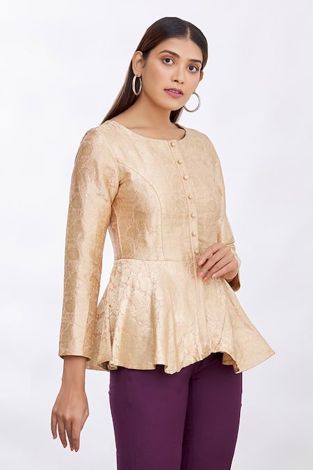 Shop_MathilI'S_Beige Woven Floral Motifs Round Peplum Top _Online_at_Aza_Fashions