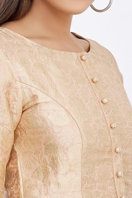 MathilI'S_Beige Woven Floral Motifs Round Peplum Top _at_Aza_Fashions