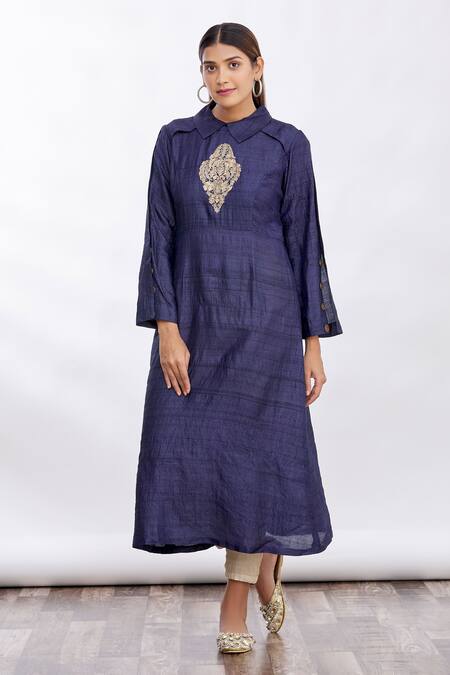 MathilI'S_Blue Embroidered Flap Collar Long Tunic _Online_at_Aza_Fashions