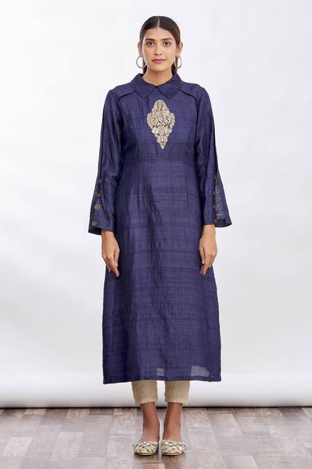 Shop_MathilI'S_Blue Embroidered Flap Collar Long Tunic _Online_at_Aza_Fashions