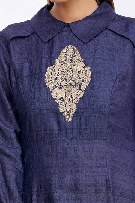 MathilI'S_Blue Embroidered Flap Collar Long Tunic _at_Aza_Fashions