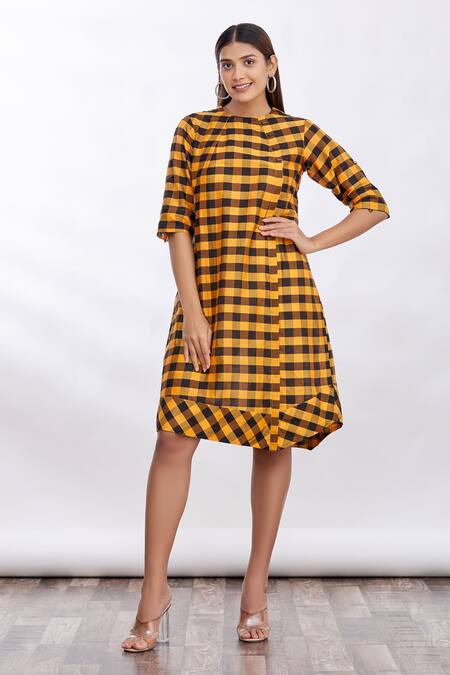 Buy_MathilI'S_Yellow Checkered Crew Neck Dress _Online_at_Aza_Fashions