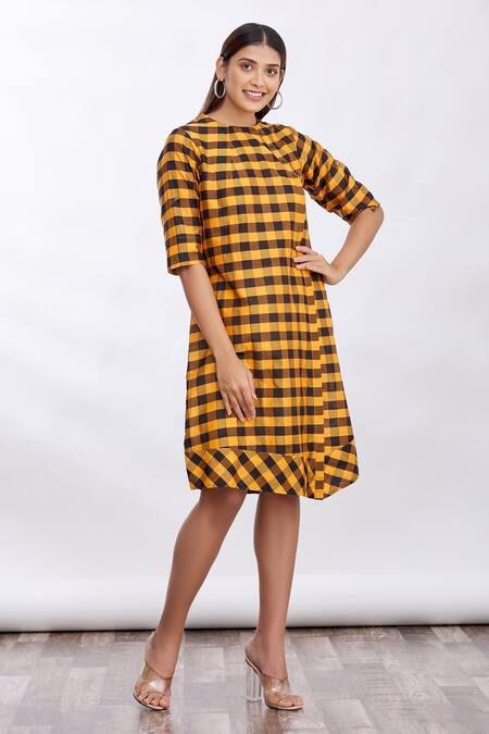 MathilI'S_Yellow Checkered Crew Neck Dress _Online_at_Aza_Fashions