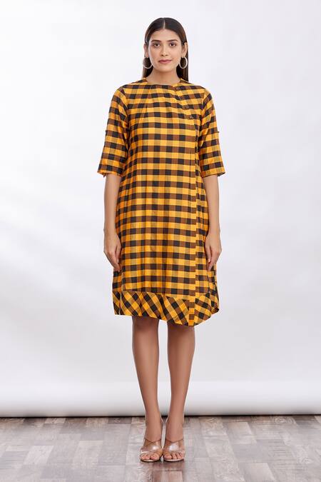 Shop_MathilI'S_Yellow Checkered Crew Neck Dress _Online_at_Aza_Fashions