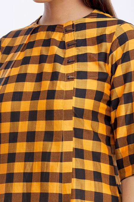 MathilI'S_Yellow Checkered Crew Neck Dress _at_Aza_Fashions