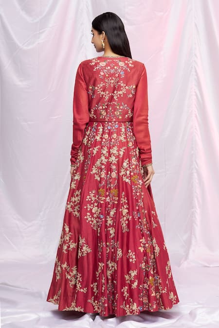 Shop Petticoat Lane By Divya Red Organza, Chanderi Silk Floral Motifs Jacket Open, Kurta Kalidar And Set at Aza Fashions Shop_Petticoat Lane By Divya_Red Organza, Chanderi Silk Floral Motifs Jacket Open, Kurta Kalidar And Set _at_Aza_Fashions
