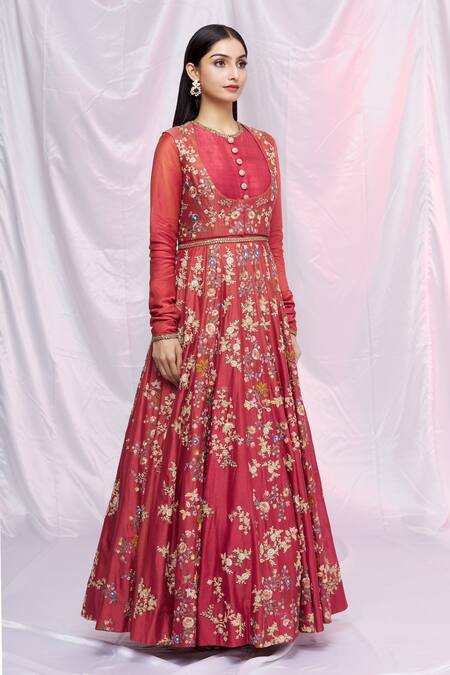 Petticoat Lane By Divya Red Organza, Chanderi Silk Floral Motifs Jacket Open, Kurta Kalidar And Set Online at Aza Fashions Petticoat Lane By Divya_Red Organza, Chanderi Silk Floral Motifs Jacket Open, Kurta Kalidar And Set _Online_at_Aza_Fashions