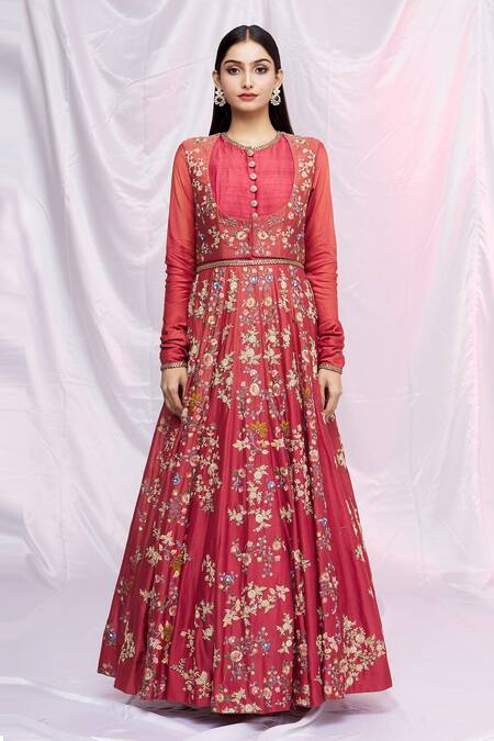 Buy Petticoat Lane By Divya Red Organza, Chanderi Silk Floral Motifs Jacket Open, Kurta Kalidar And Set Online at Aza Fashions Buy_Petticoat Lane By Divya_Red Organza, Chanderi Silk Floral Motifs Jacket Open, Kurta Kalidar And Set _Online_at_Aza_Fashions