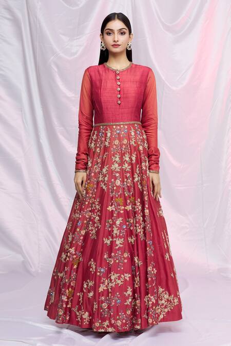 Shop Petticoat Lane By Divya Red Organza, Chanderi Silk Floral Motifs Jacket Open, Kurta Kalidar And Set Online at Aza Fashions Shop_Petticoat Lane By Divya_Red Organza, Chanderi Silk Floral Motifs Jacket Open, Kurta Kalidar And Set _Online_at_Aza_Fashions