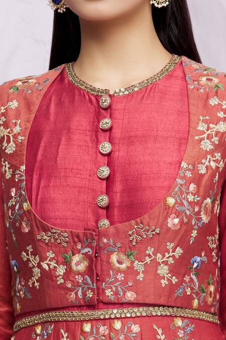 Petticoat Lane By Divya Red Organza, Chanderi Silk Floral Motifs Jacket Open, Kurta Kalidar And Set at Aza Fashions Petticoat Lane By Divya_Red Organza, Chanderi Silk Floral Motifs Jacket Open, Kurta Kalidar And Set _at_Aza_Fashions