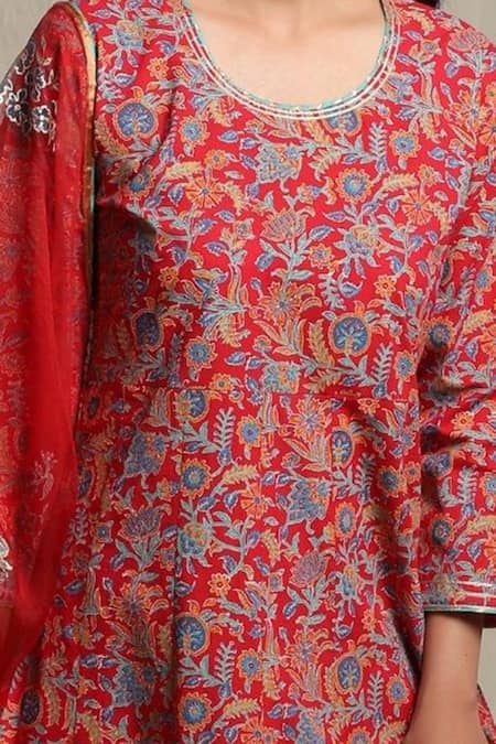 Shop_Abbaran_Red Cotton Cambric Dupatta Organza Round Block Print Anarkali Set _Online_at_Aza_Fashions