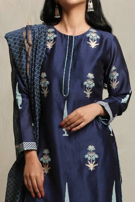 Shop_Abbaran_Blue Chanderi Round Block Print Kurta Set _Online_at_Aza_Fashions