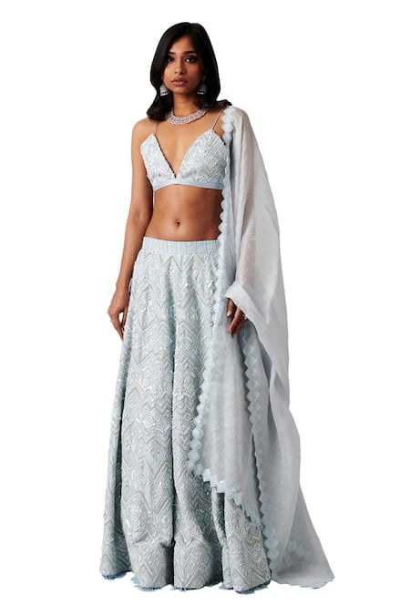 Amaare Blue Taffeta Embroidery V Neck Embellished Lehenga Set  