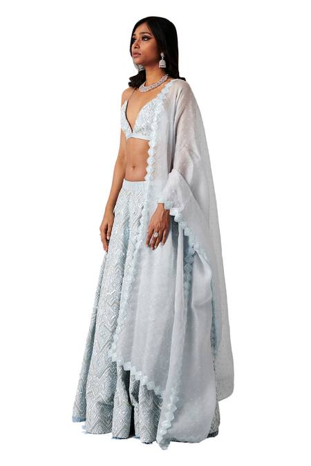 Amaare_Blue Taffeta Embroidery V Neck Embellished Lehenga Set _Online_at_Aza_Fashions
