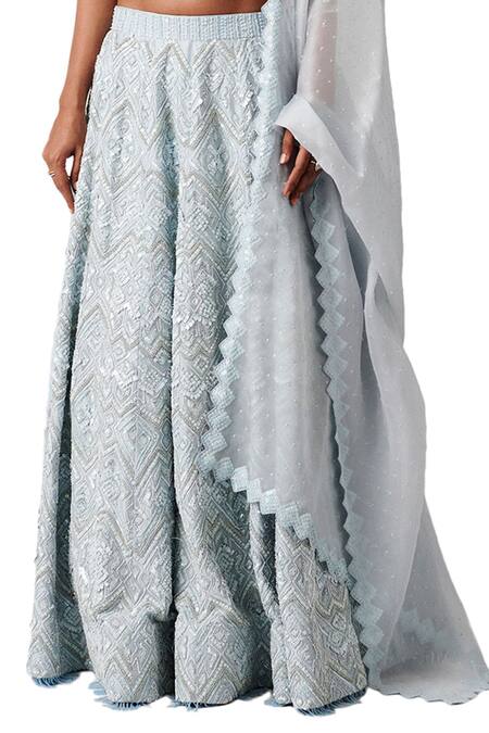Shop_Amaare_Blue Taffeta Embroidery V Neck Embellished Lehenga Set _Online_at_Aza_Fashions