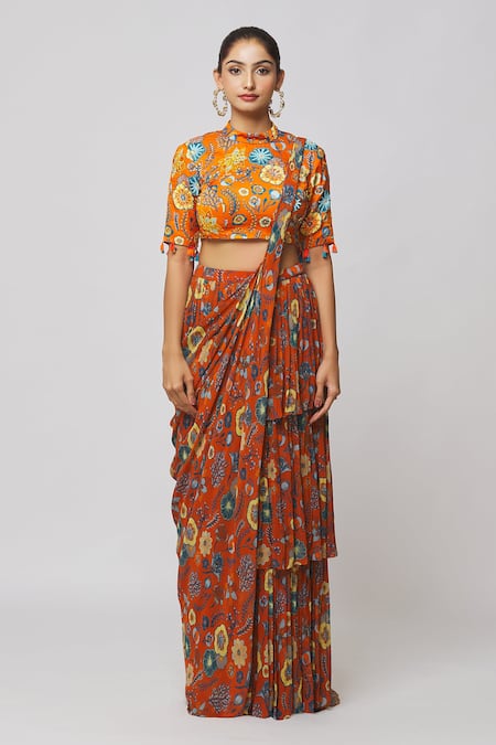 Diyarajvvir_Orange Georgette, Modal, Linen Sequins, Printed Pre-draped Saree With Blouse _at_Aza_Fashions